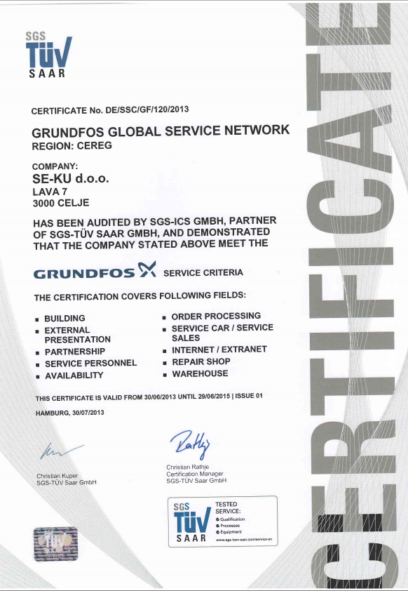 Certifikat Grundfos Certifikat Grundfos